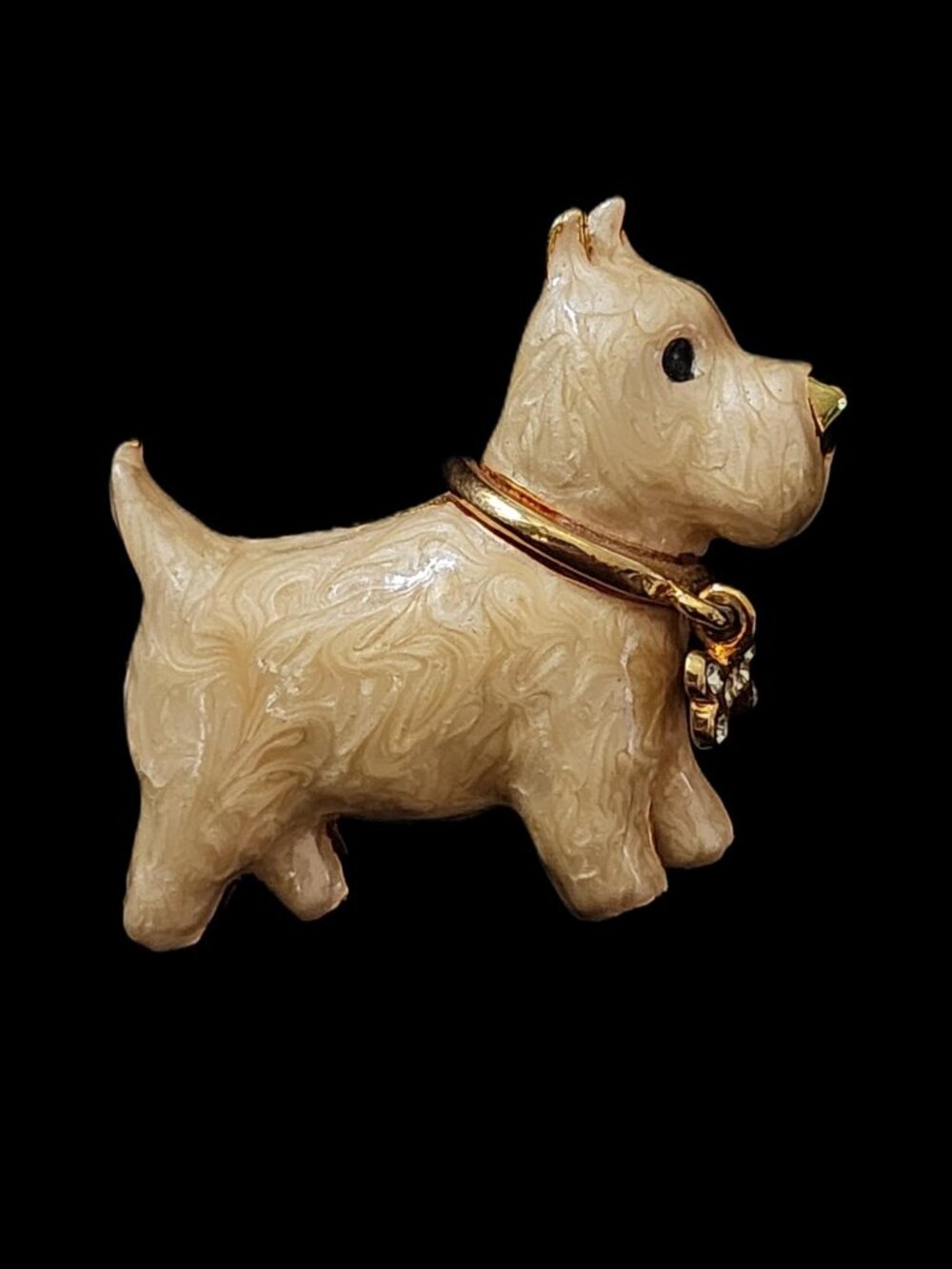 Vintage 80s Enameled Westie/Scottie Dog Brooch - CZ Accented Bow